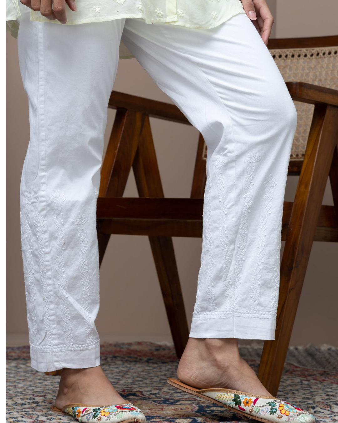 White Straight Chikankari Pants – Handcrafted Cotton Bottom Wear