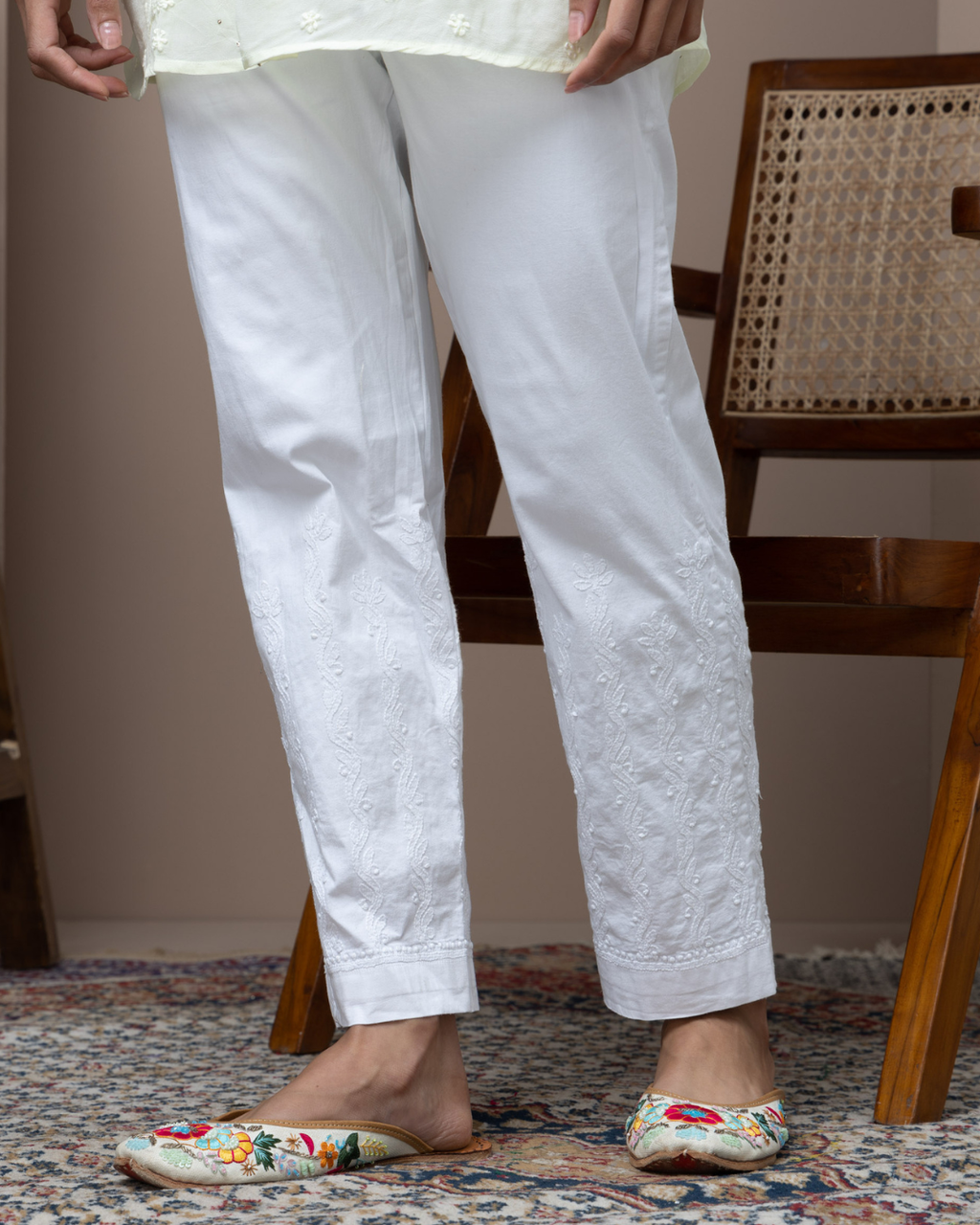 White Straight Chikankari Pants – Handcrafted Cotton Bottom Wear