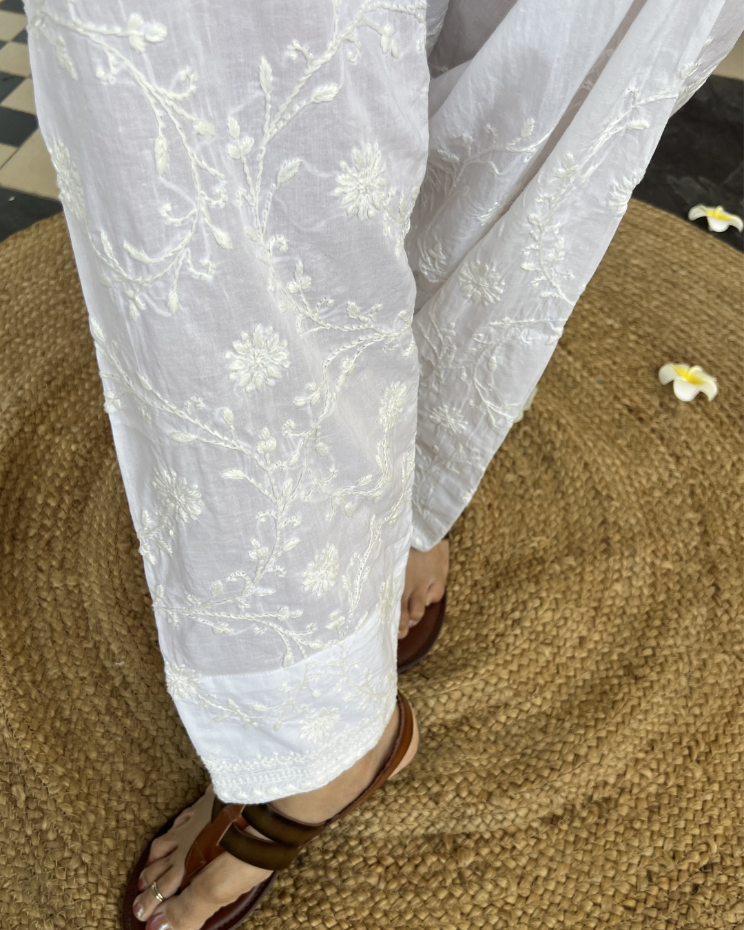 White Farshi Salwar – Handcrafted Chikankari Cotton Bottom