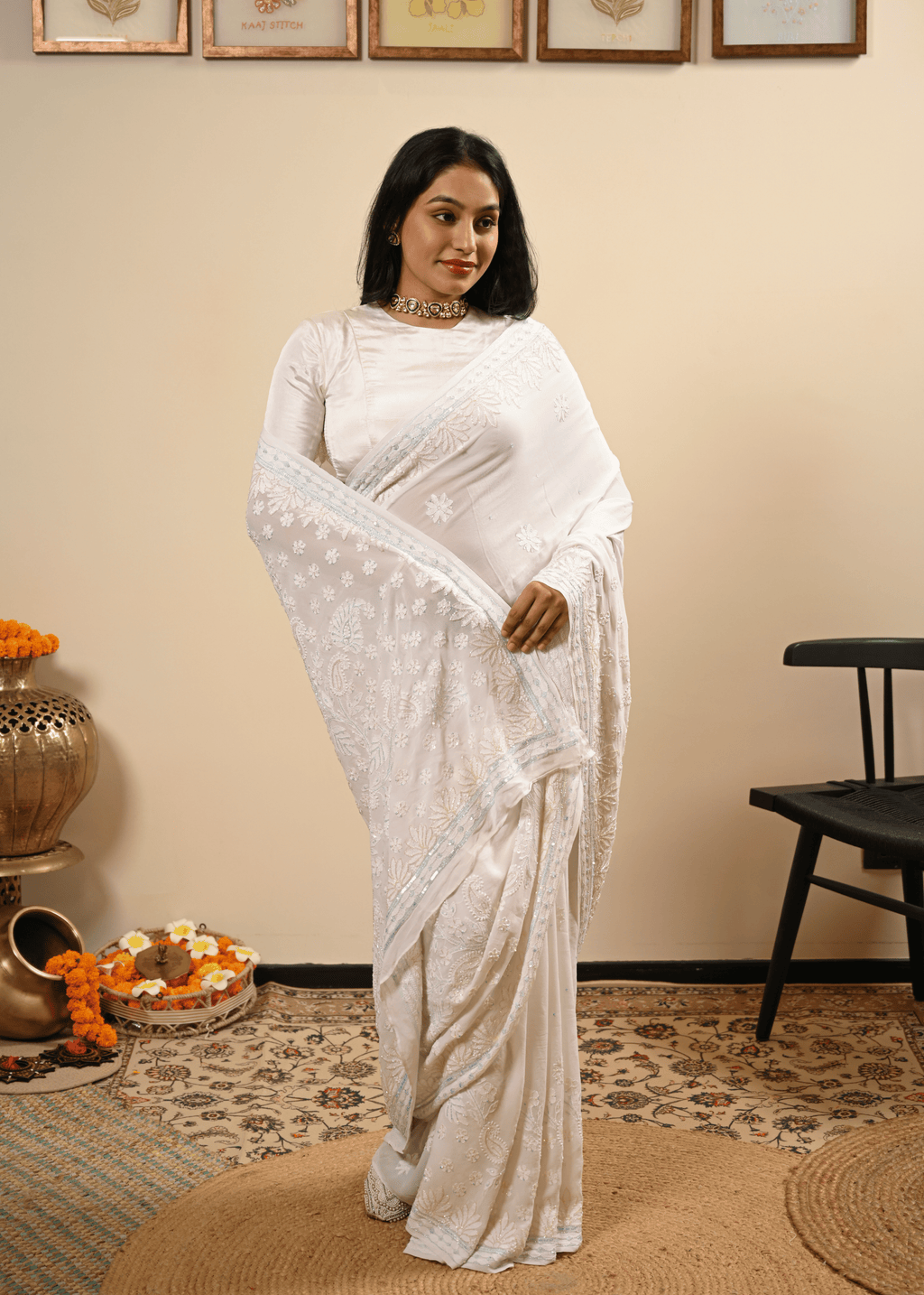White Georgette Chikankari Saree