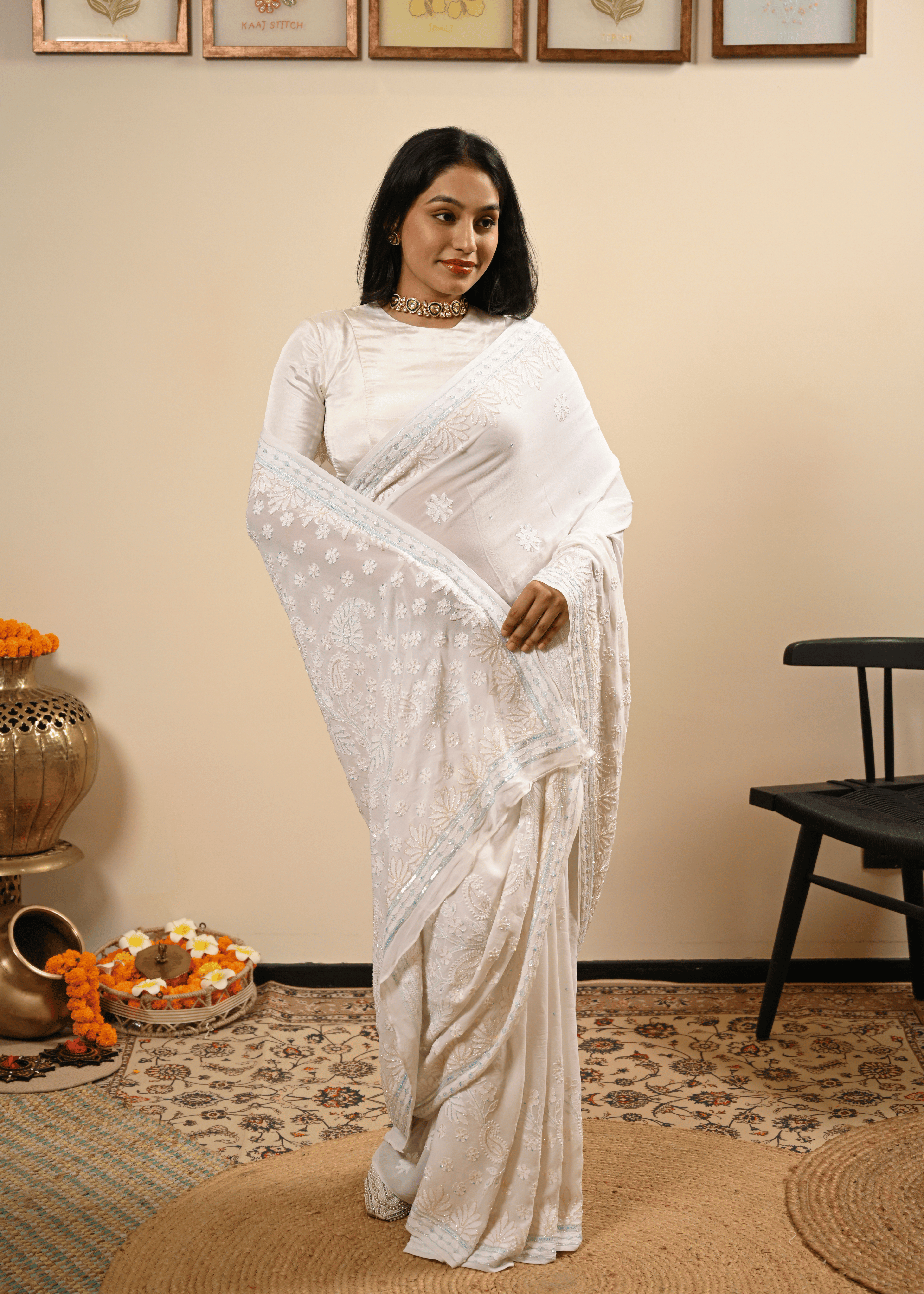 White Georgette Chikankari Saree
