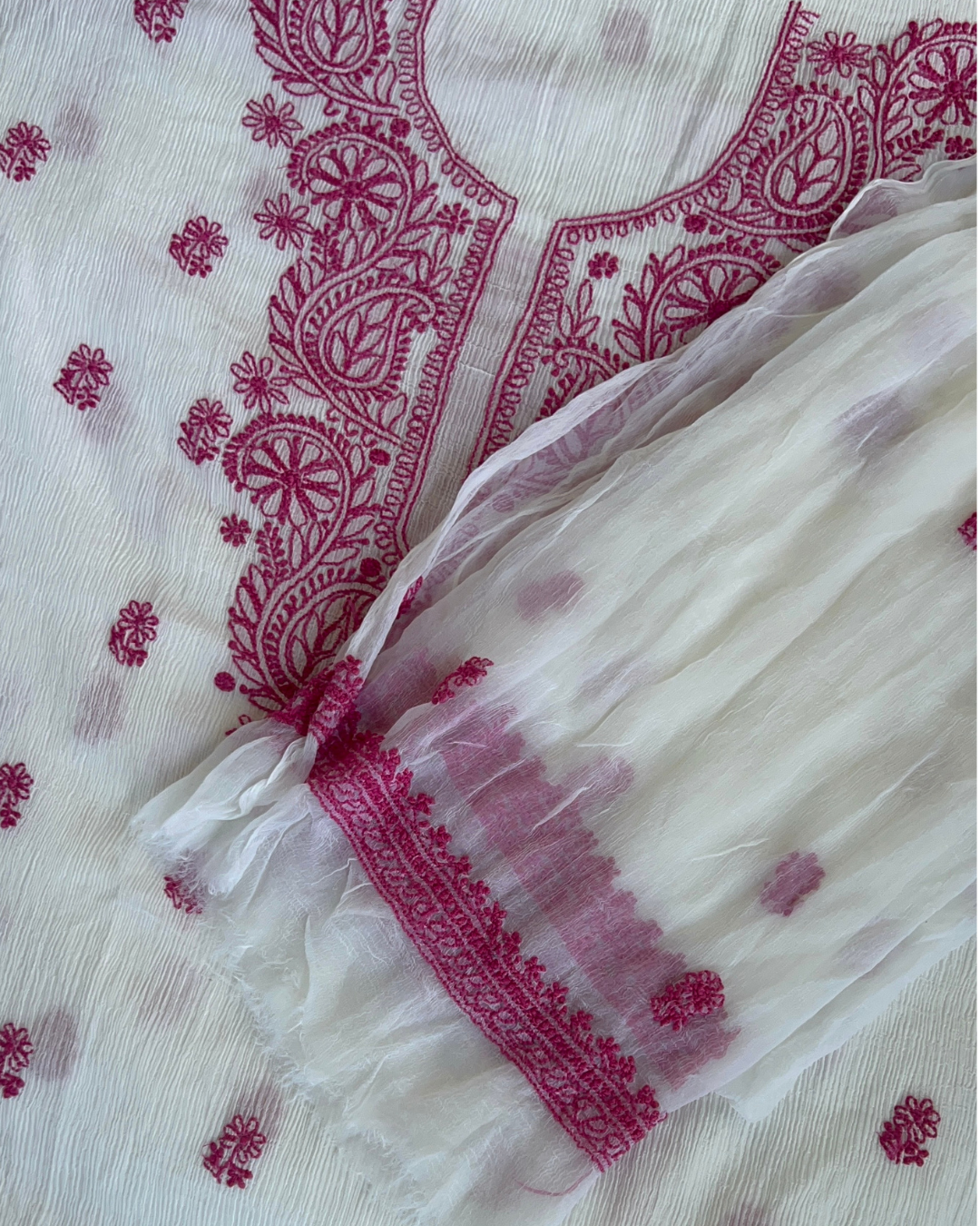 Pink & White Cotton Unstitched Suit Set | Lucknow Chikankari Gurgaon