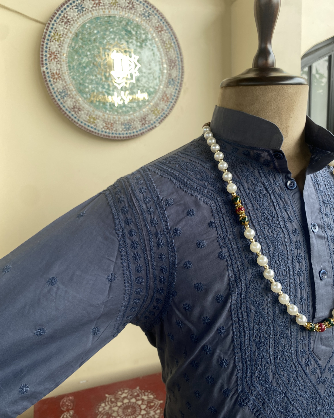 Men’s Dark Blue Chikankari Kurta Size 42 – Same Colour Thread Hand Embroidered Kurta | House of Nandini