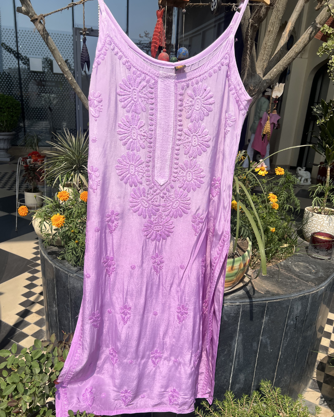 Long Sleeveless Muslin Chikankari Kurti | Hand Embroidered Kurti Collection | Lucknow Chikankari Gurgaon