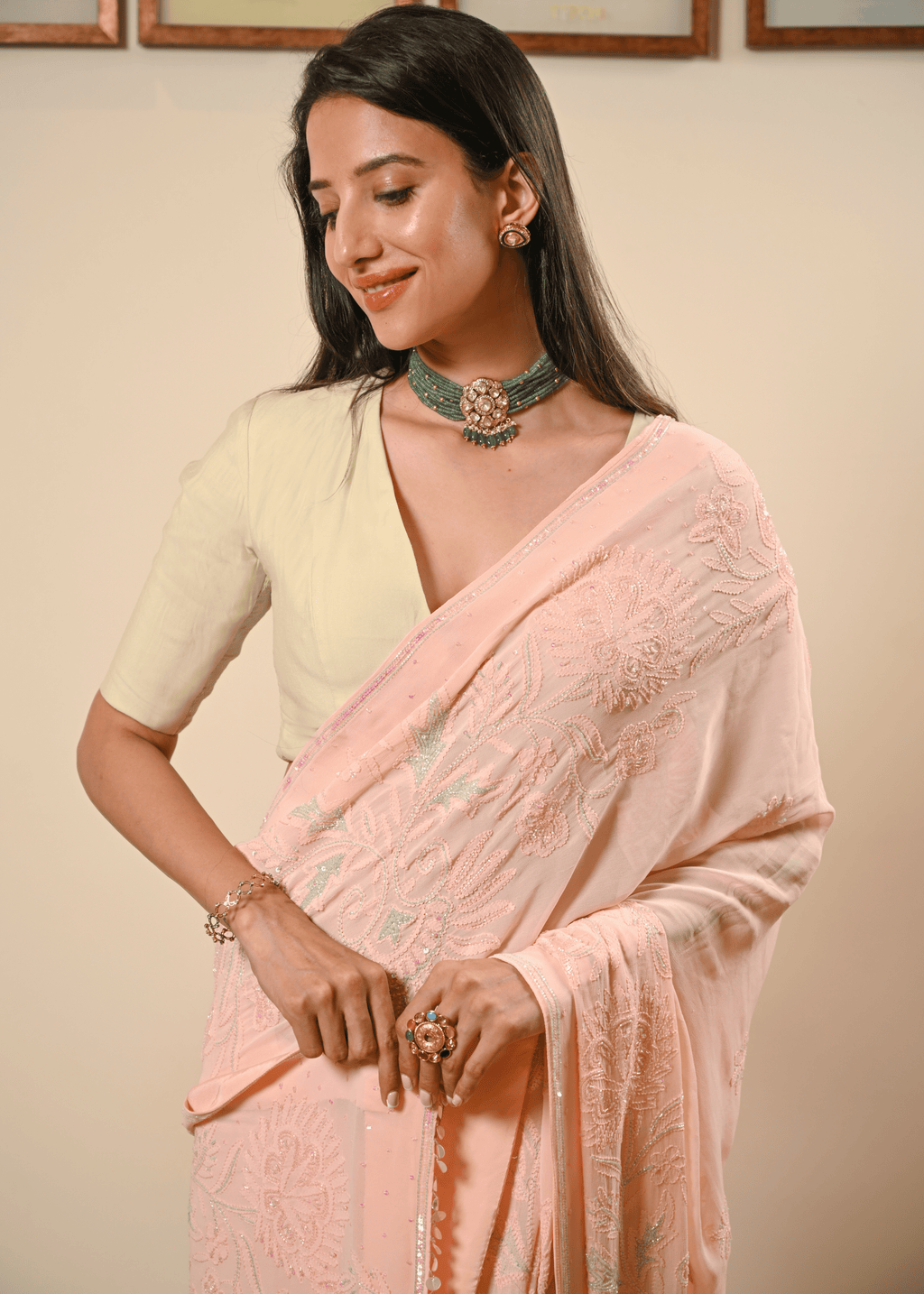 Pastel Hand Embroidered Chikankari Saree | Lucknowi Chikankari