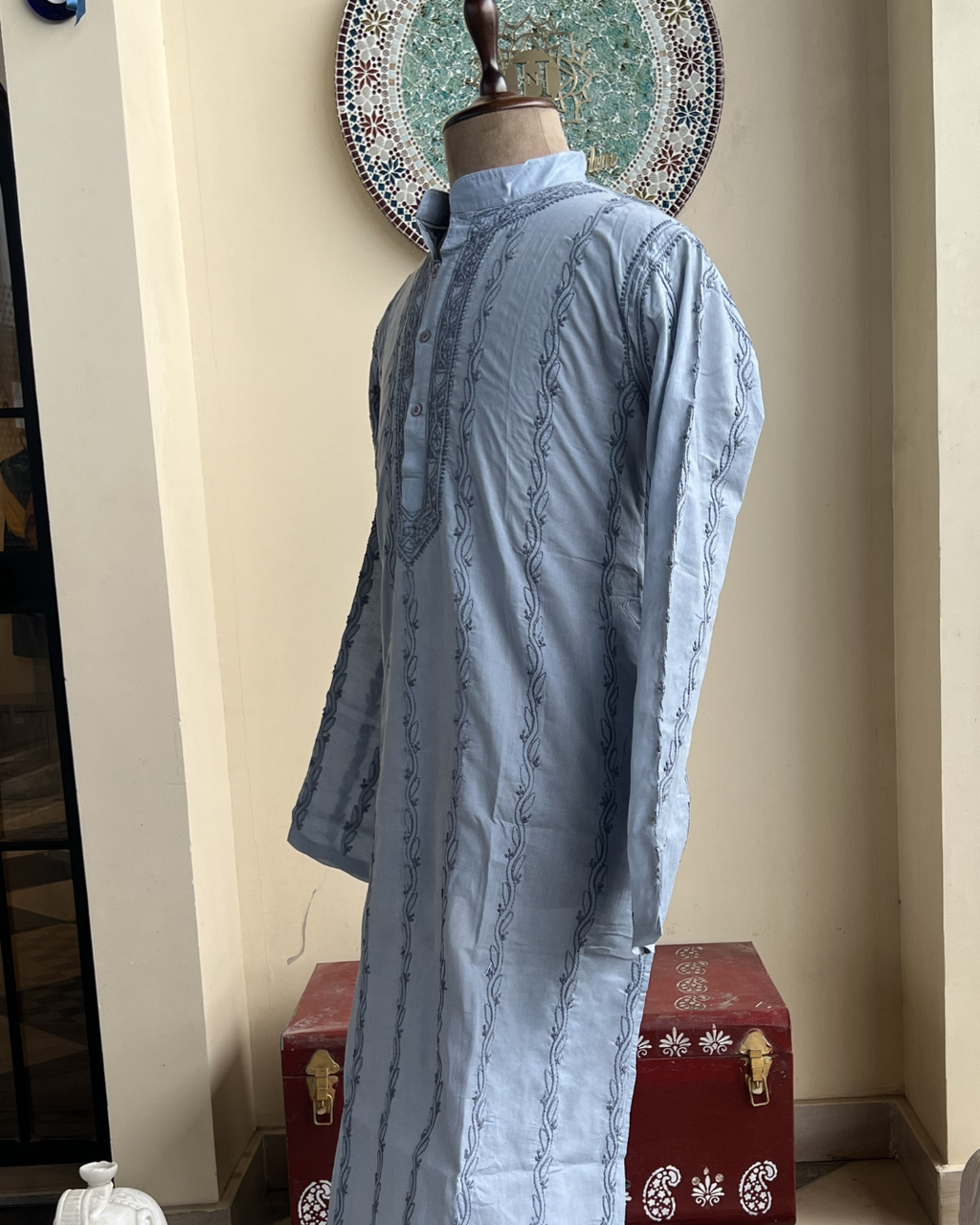 Men’s Grey Chikankari Kurta Size 42 – Hand Embroidered Kurta | House of Nandini