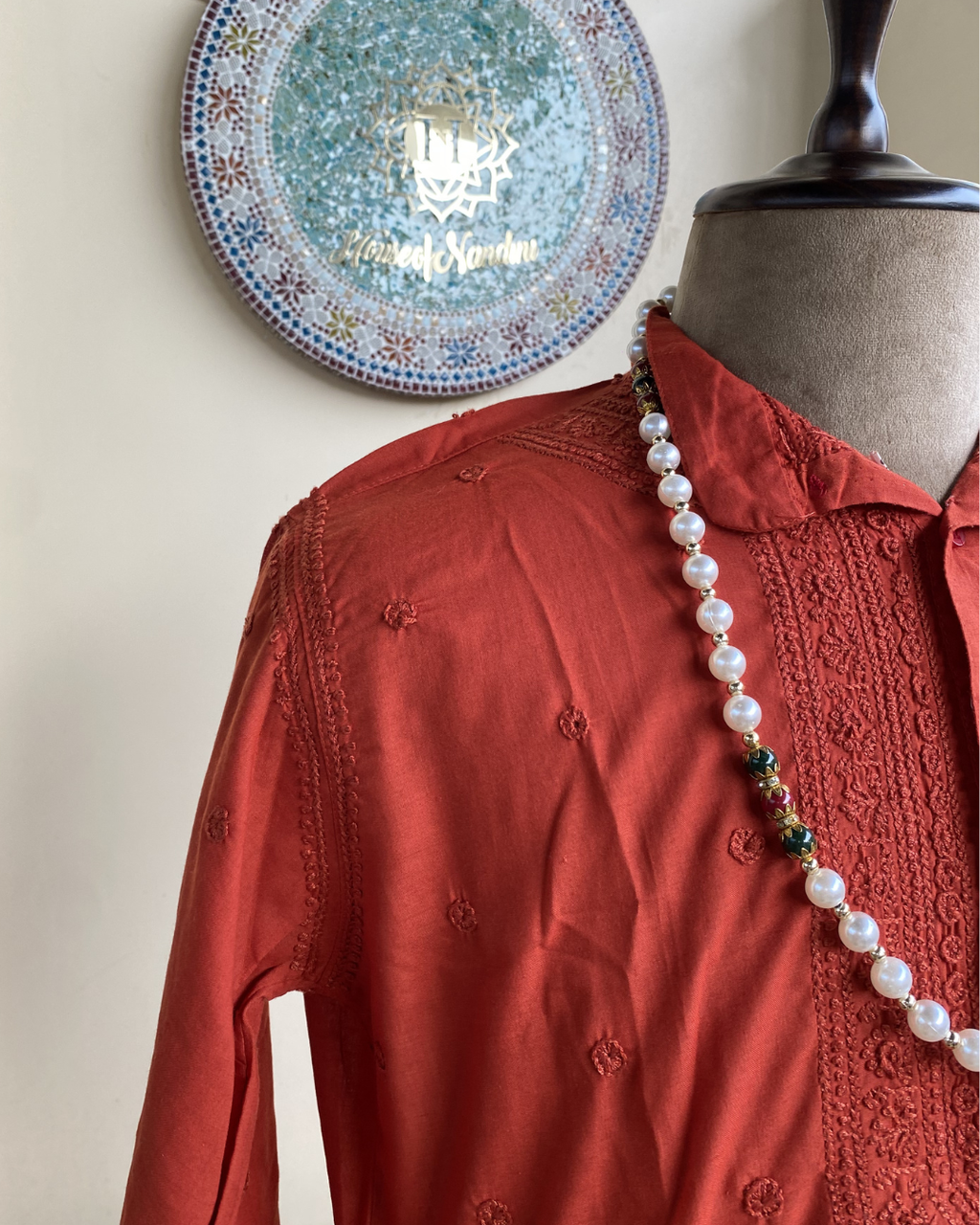 Men’s Orange Chikankari Kurta Size 40 – Tone-on-Tone Hand Embroidered Kurta | House of Nandini