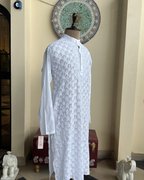 Men’s White Chikankari Kurta – Front Embroidered Handcrafted Kurta | House of Nandini
