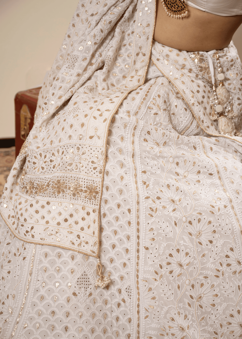 Hand Embroidered White Lehenga Lucknowi Chikankari