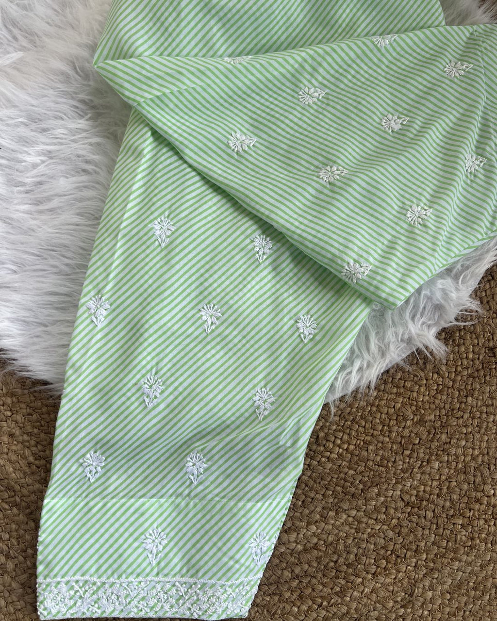 Pink & Green Leheriya Dress with White Stripes | Lucknow Chikankari Gurgaon | Chikankari Studio Gurgaon