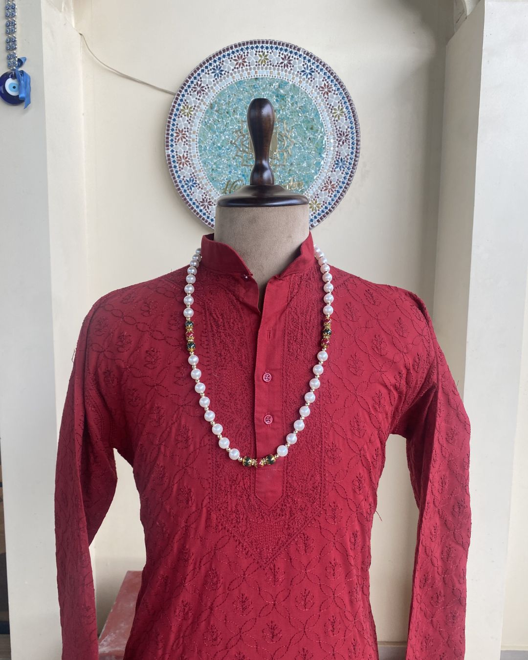 Men’s Red Chikankari Kurta Size 44 – Tone-on-Tone Hand Embroidered Ethnic Kurta | House of Nandini