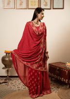 Red Hand Embroidered Saree with Zari & Mukaish Work