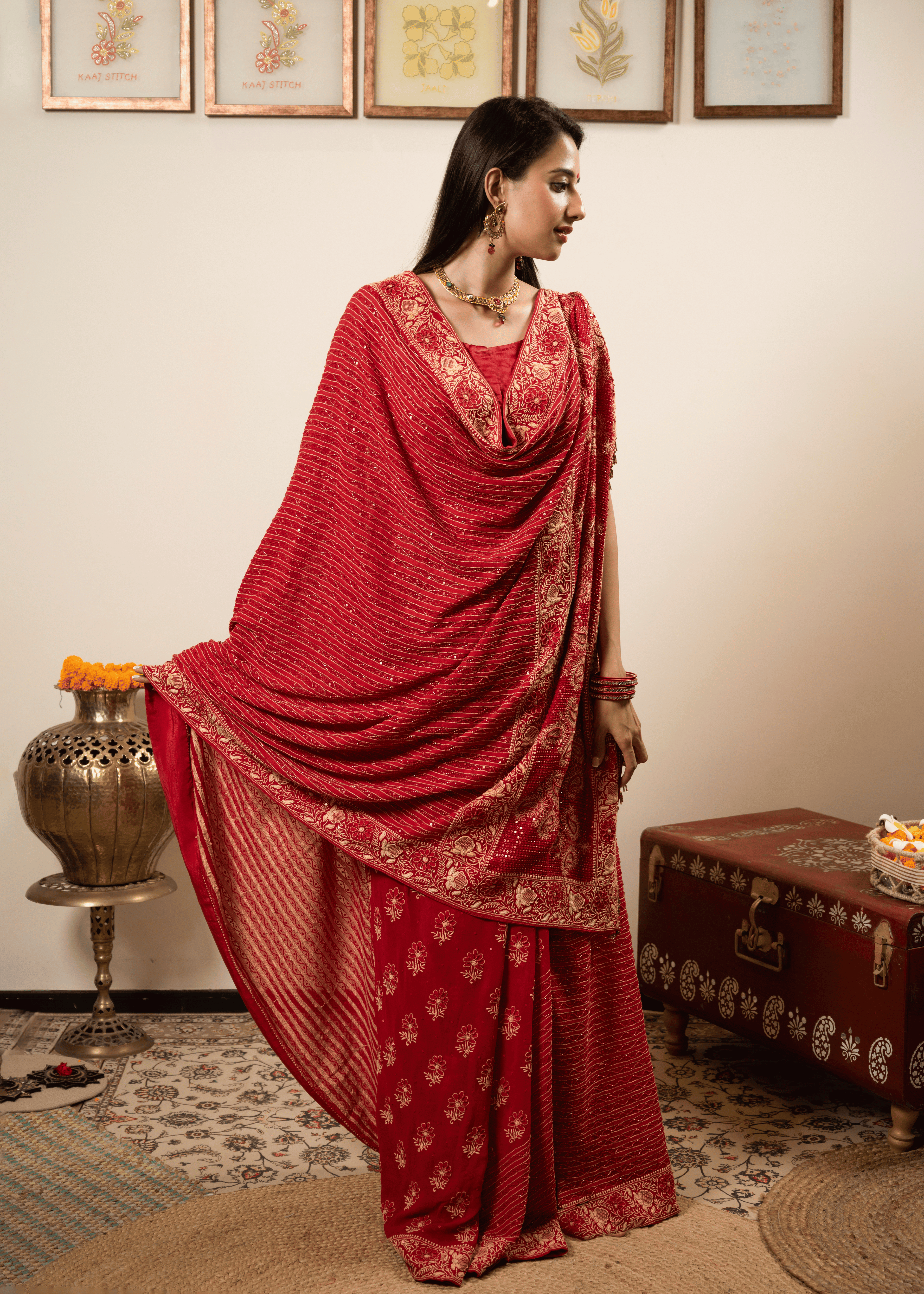 Red Hand Embroidered Saree with Zari & Mukaish Work
