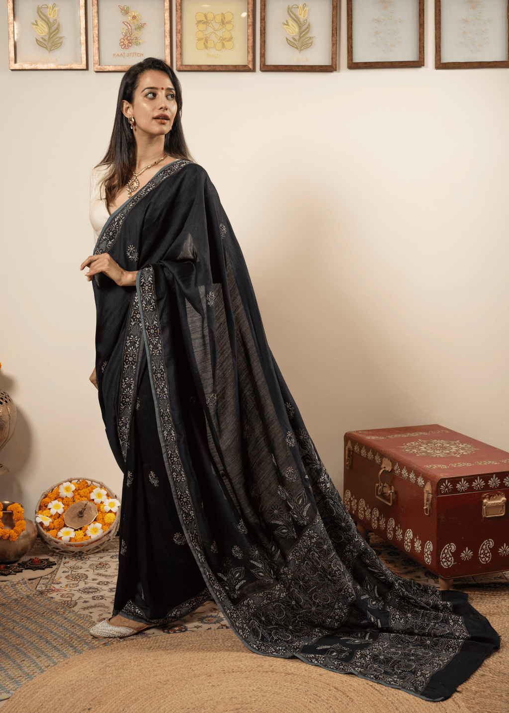 Black Embroidered Chikankari Saree  Lucknowi Chikankari Saree