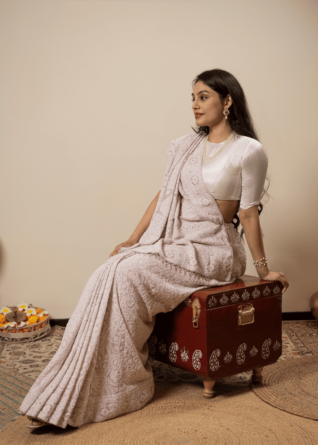 Blush Pink Hand Embroidered Chikankari Saree | Lucknowi Chikankari Saree