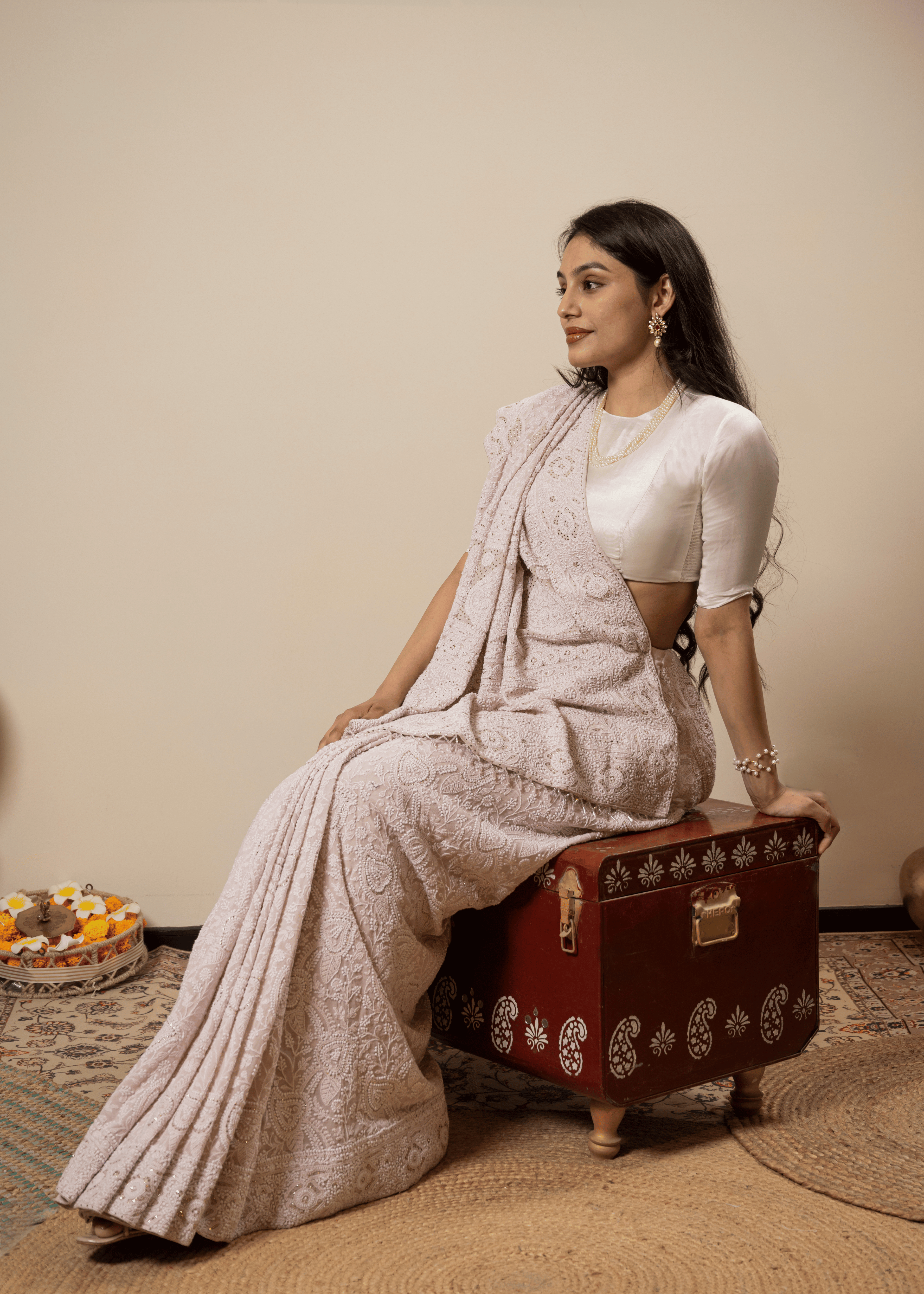 Blush Pink Hand Embroidered Chikankari Saree | Lucknowi Chikankari Saree