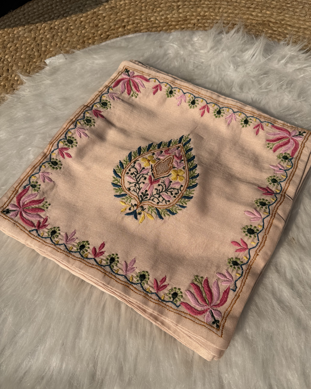 Beige Hand-Embroidered Chikankari Dupatta