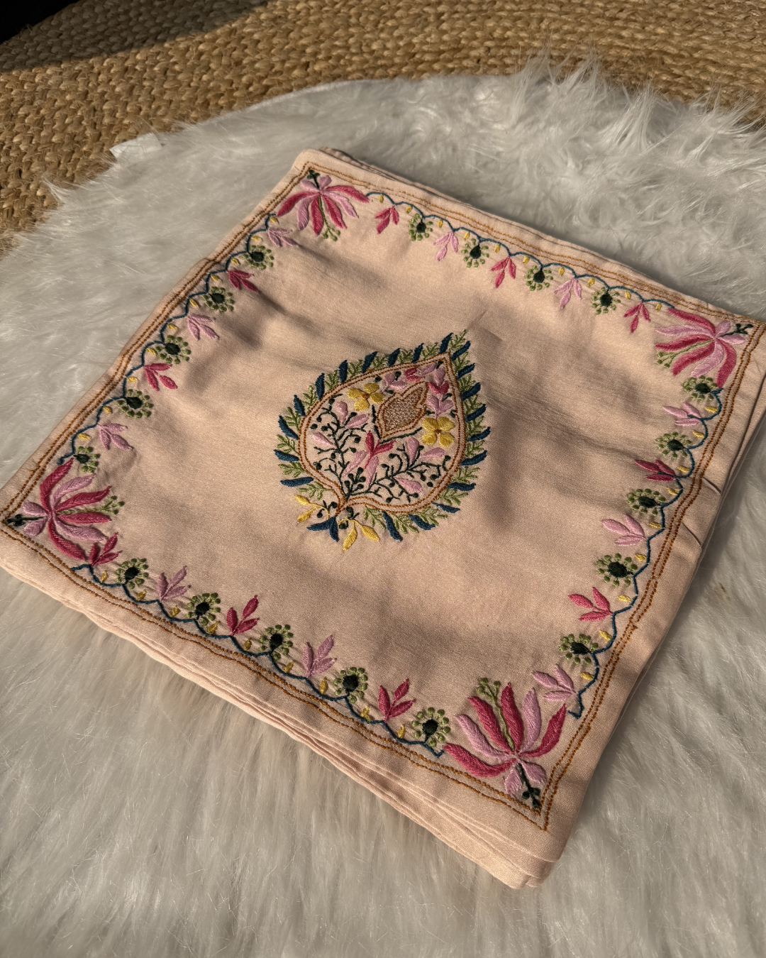 Beige Hand-Embroidered Chikankari Dupatta