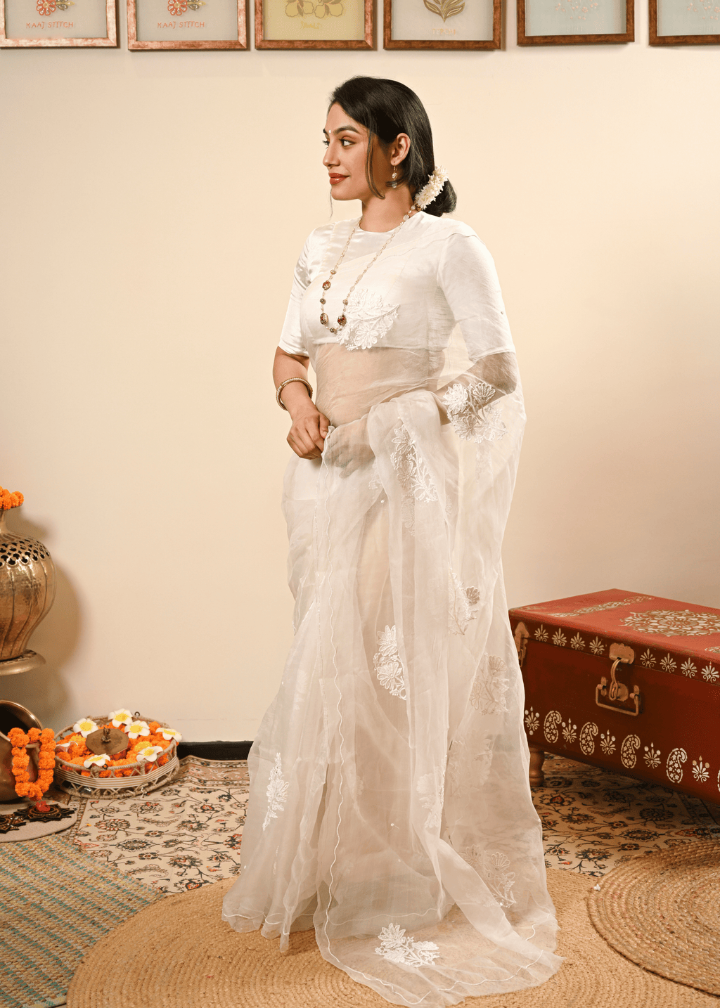 Ivory Organza Chikankari Saree