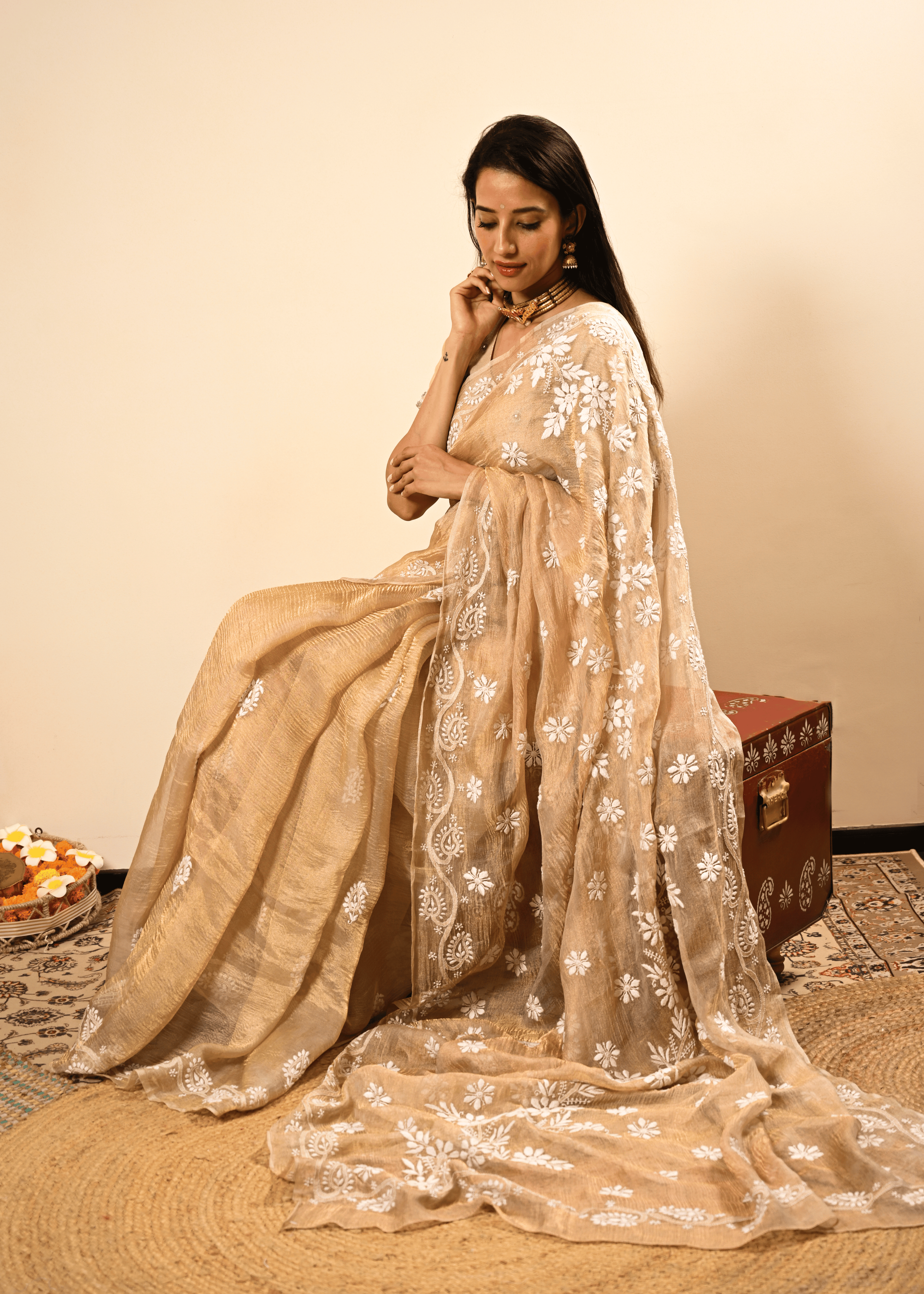 Golden Tissue Hand Embroidered Chikankari Saree