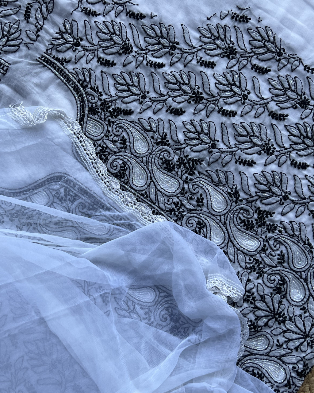 Black & White Chikankari Unstitched Suit Set with Dupatta – Elegant & Timeless Ethnic Wear