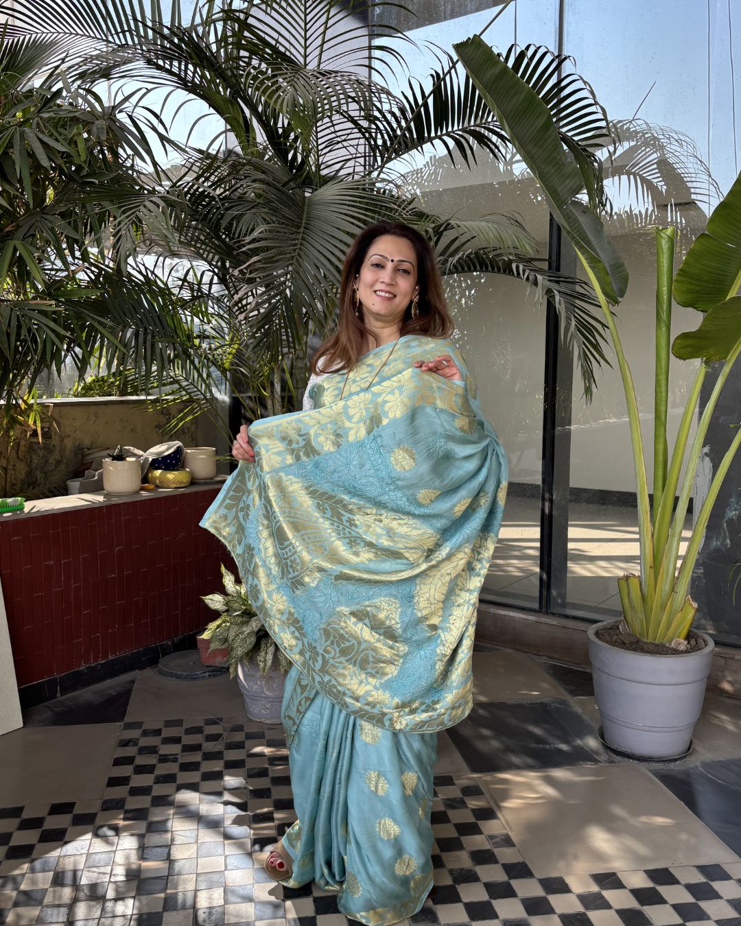 turquoise Chikankari Saree with Blouse | Lucknow Chikankari Gurgaon