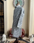 Men’s Grey Chikankari Kurta – Hand Embroidered Single Colour Cotton Kurta | House of Nandini