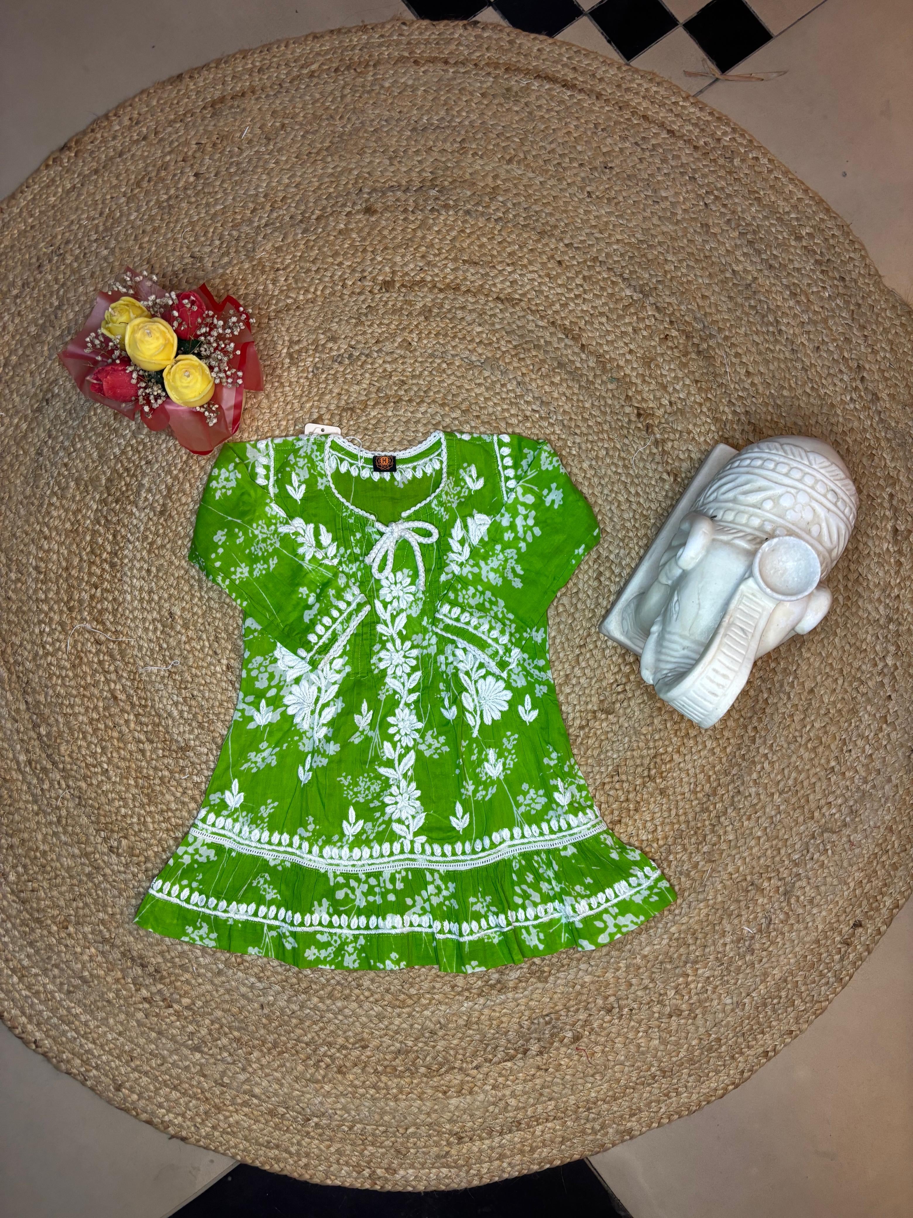 Green Floral Chikankari Girls Frock | Ages 3–4, 5–6 & 10–11 Years | Lucknow Chikankari Gurgaon