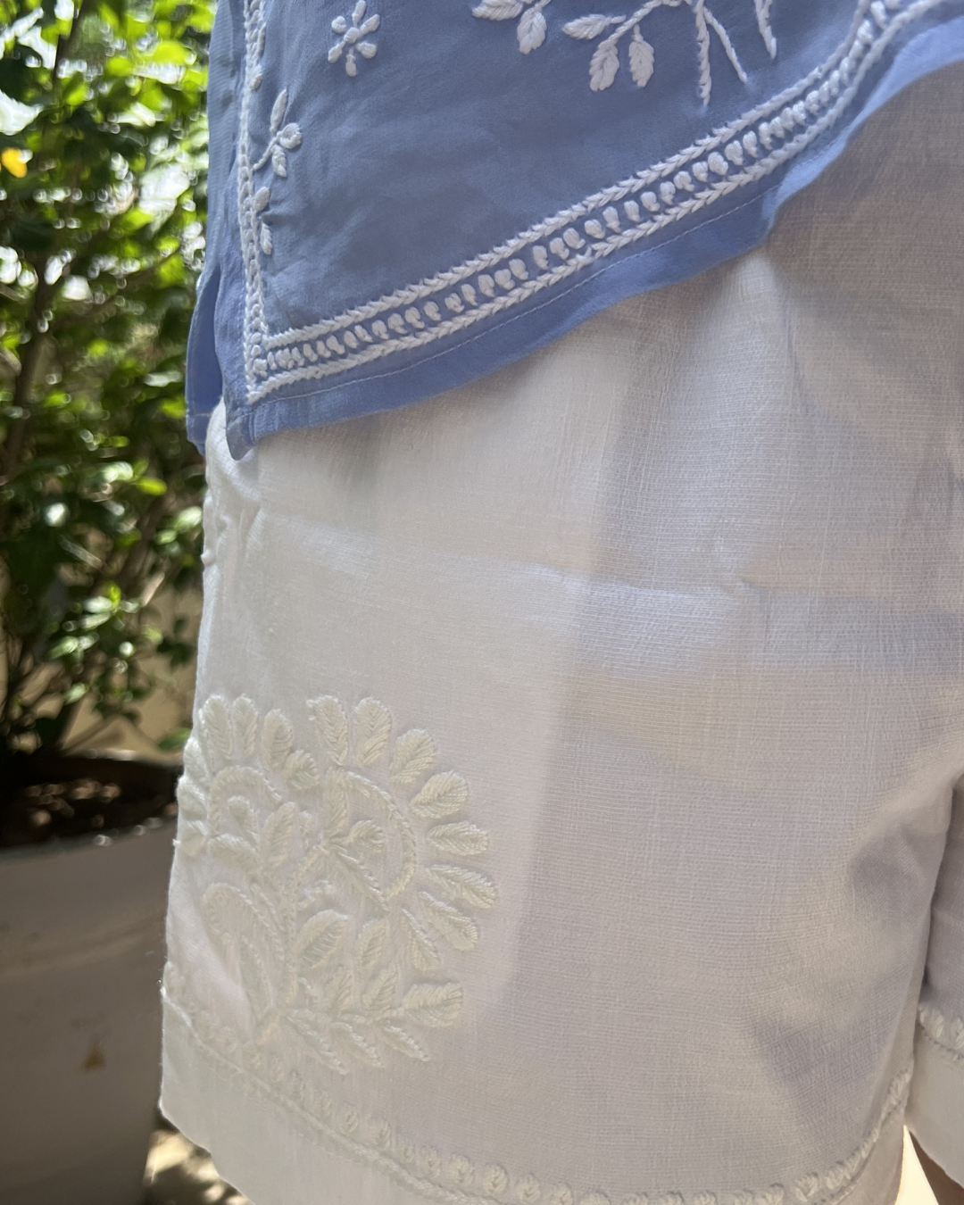 Women's Chikankari Cotton Shorts – Handcrafted Lucknowi Embroidery