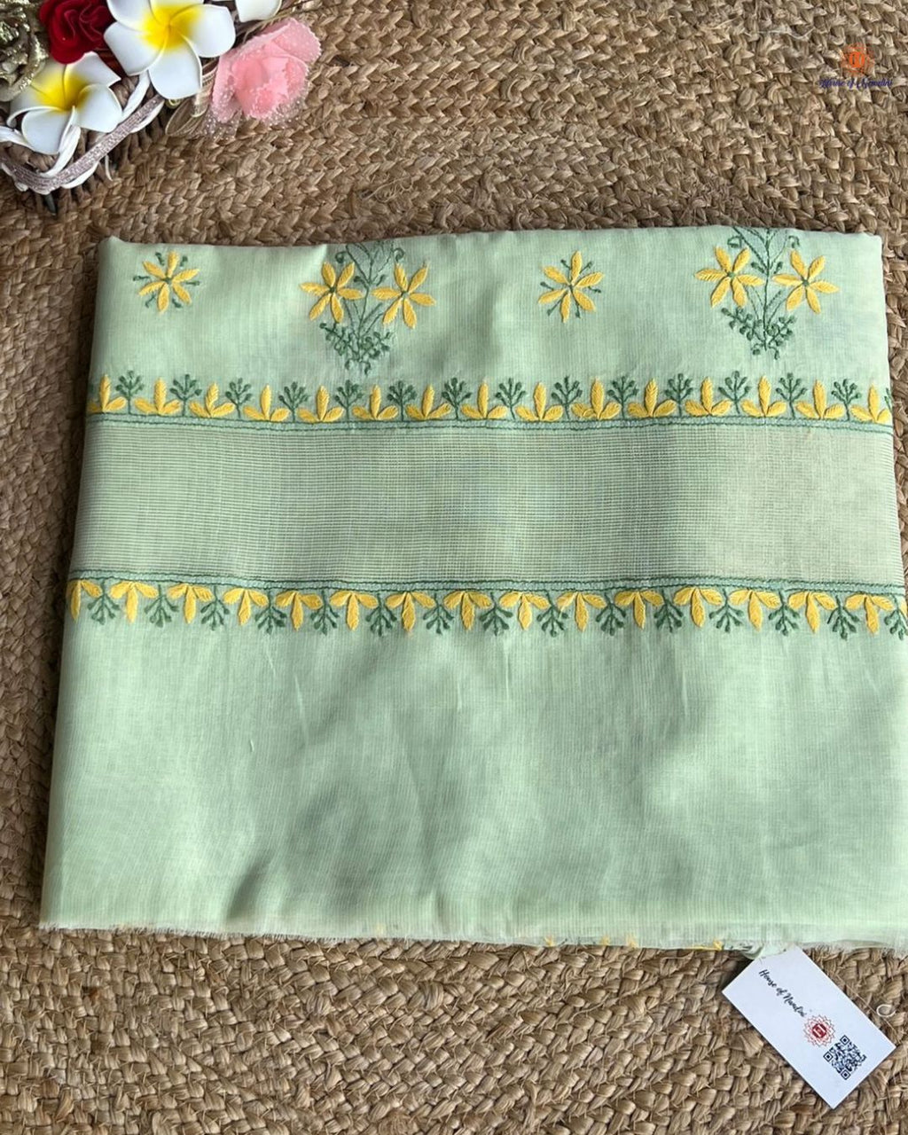 Pink & Green Cotton Chikankari Saree – Handcrafted Lucknowi Elegance