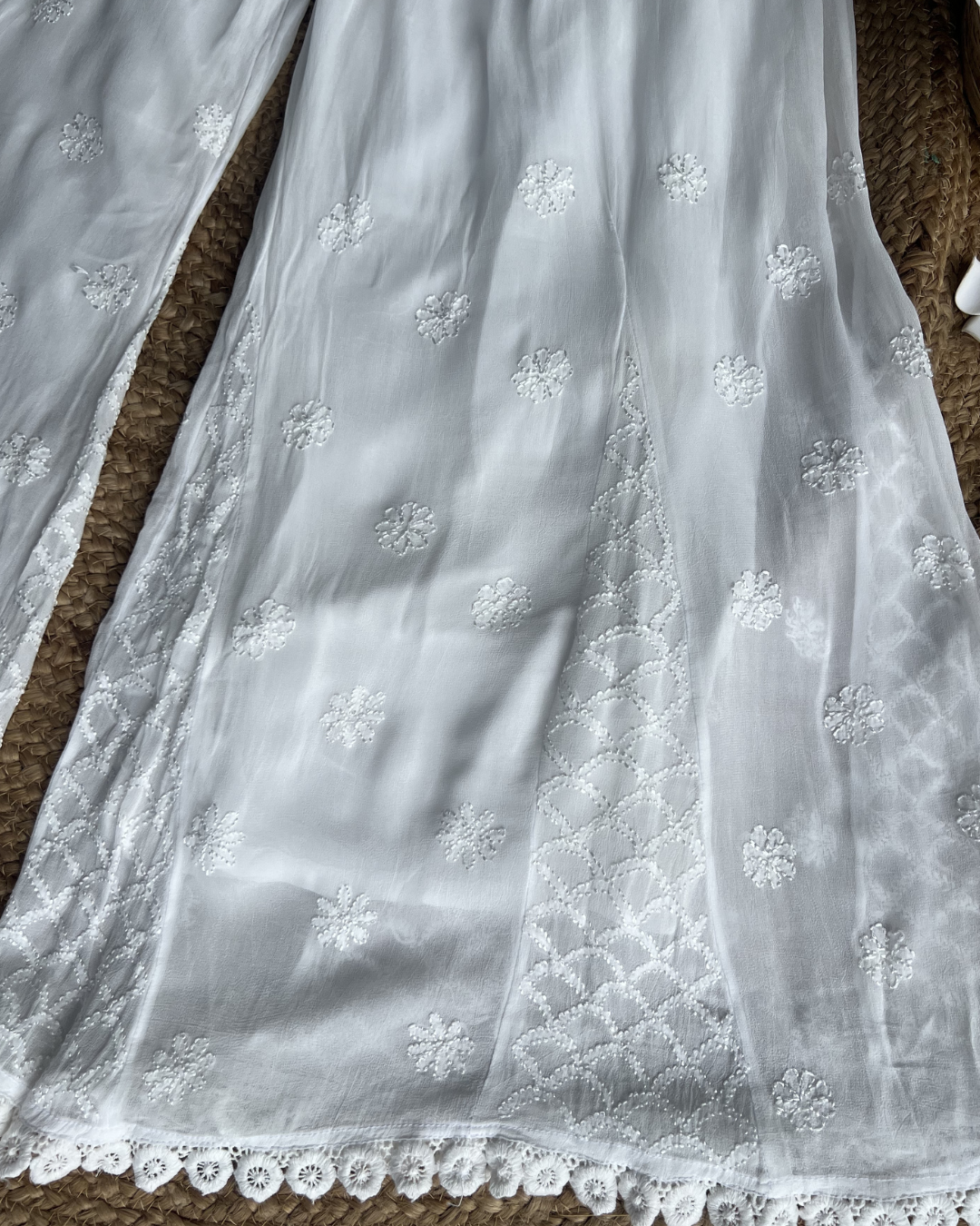 White Chikankari Shararra Pants with lace