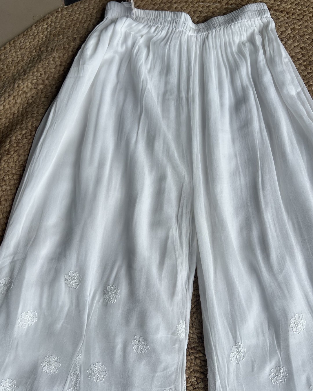 White Chikankari Shararra Pants with lace