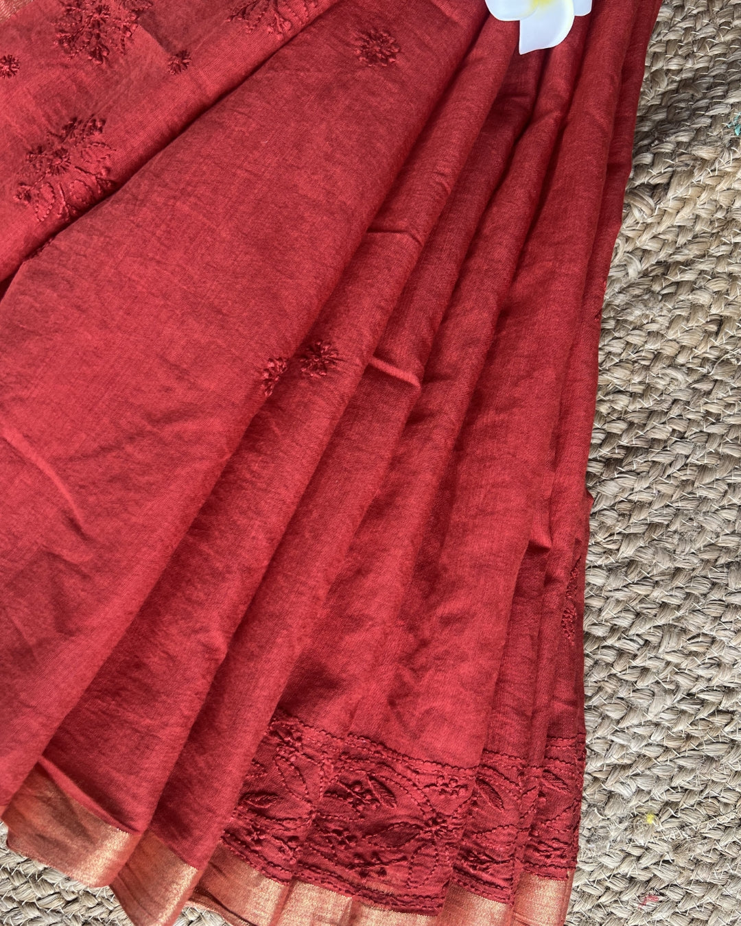 Red Chanderi Chikankari Saree | Hand Embroidered Elegance