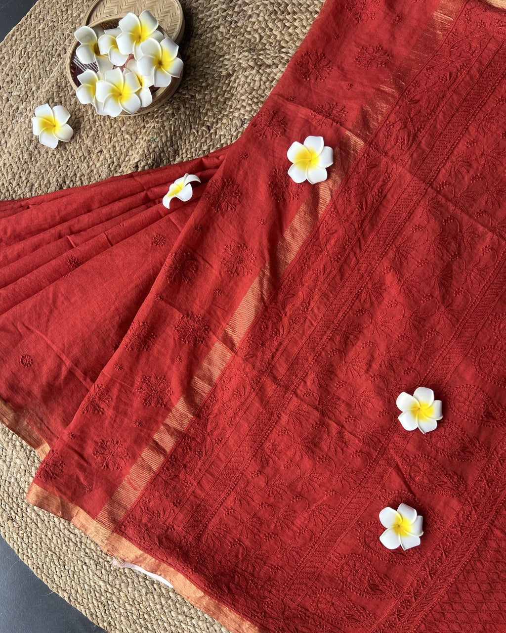 Red Chanderi Chikankari Saree | Hand Embroidered Elegance