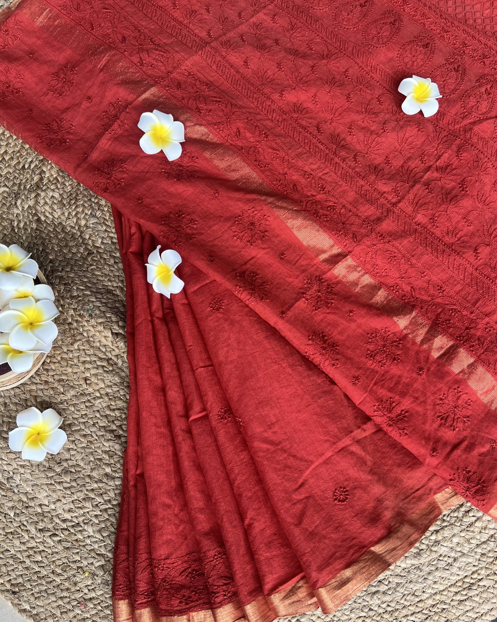Red Chanderi Chikankari Saree | Hand Embroidered Elegance