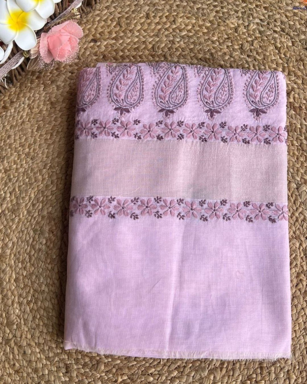 Pink & Green Cotton Chikankari Saree – Handcrafted Lucknowi Elegance