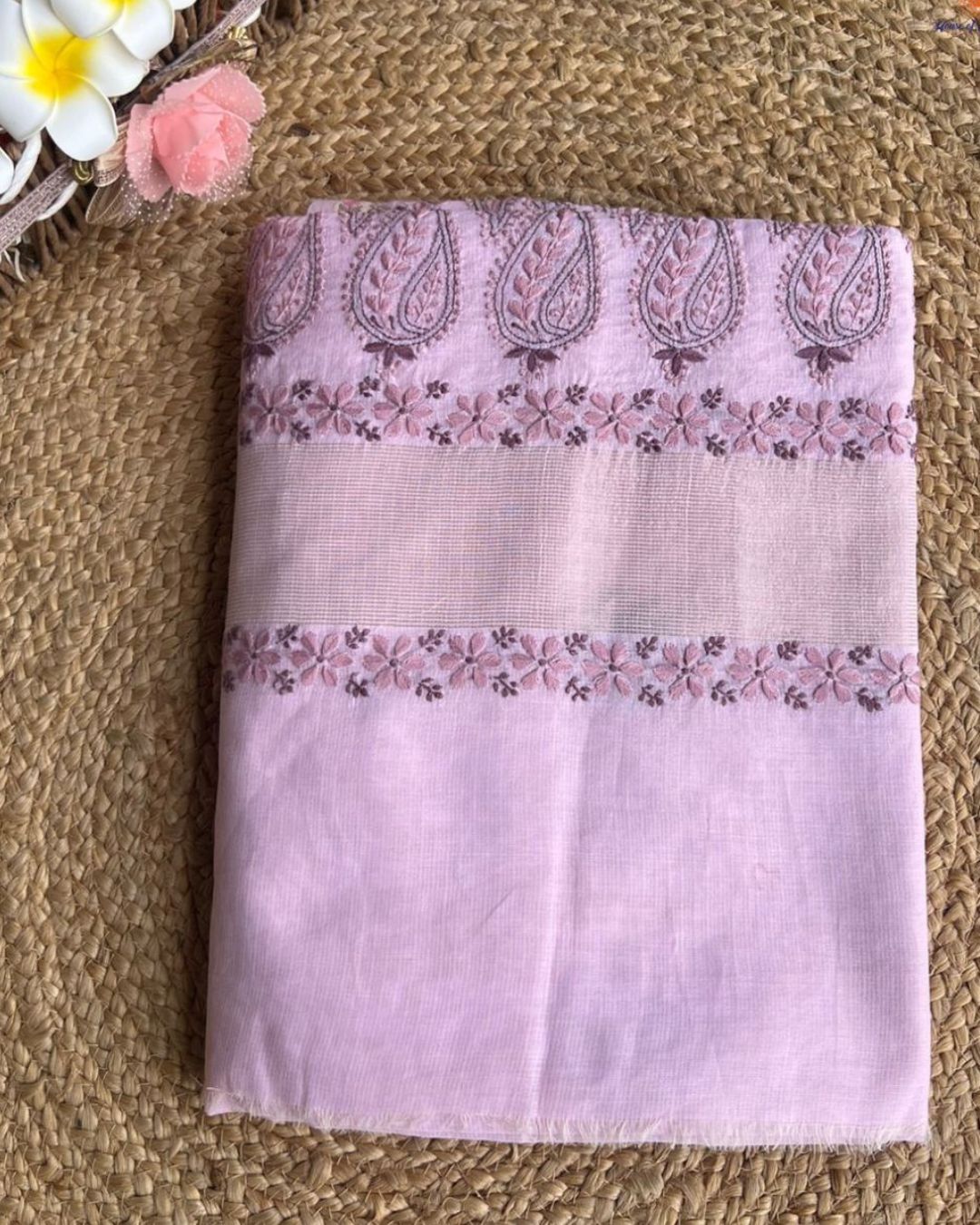 Pink & Green Cotton Chikankari Saree – Handcrafted Lucknowi Elegance