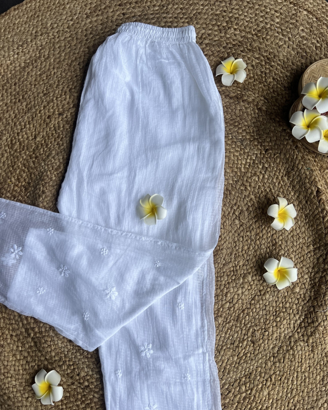 White Kota Chikankari Pants | Hand Embroidered Straight Fit