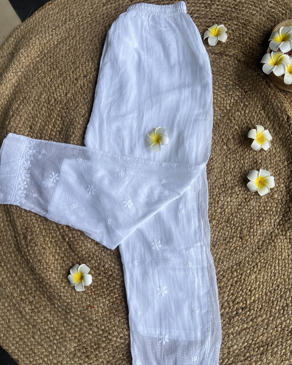 White Kota Chikankari Pants | Hand Embroidered Straight Fit