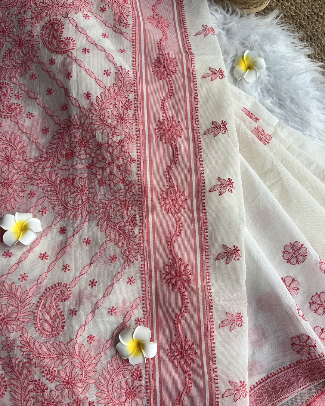 White Pink Chikankari Kota Saree | Lucknow Chikankari Gurgaon