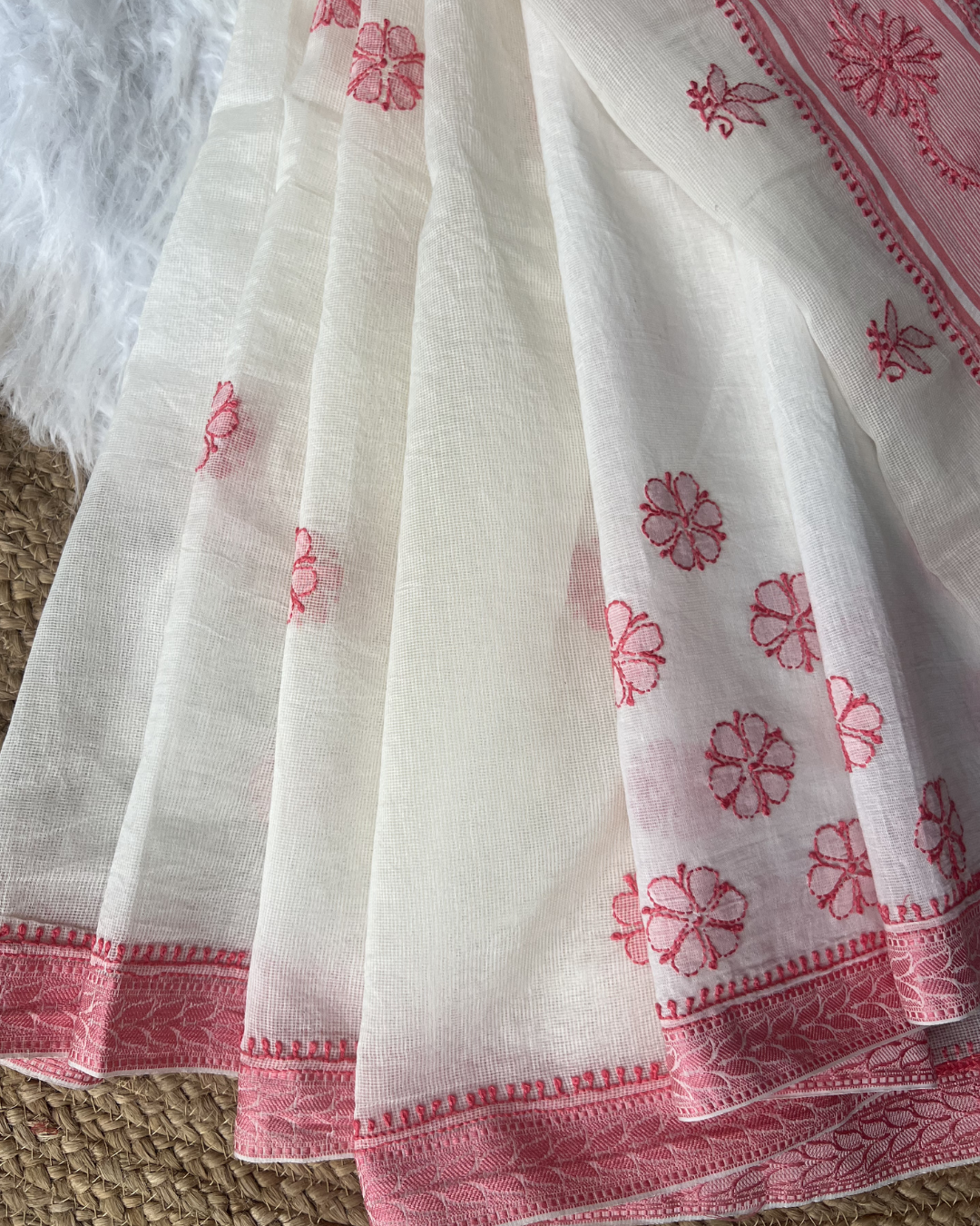 White Pink Chikankari Kota Saree | Lucknow Chikankari Gurgaon