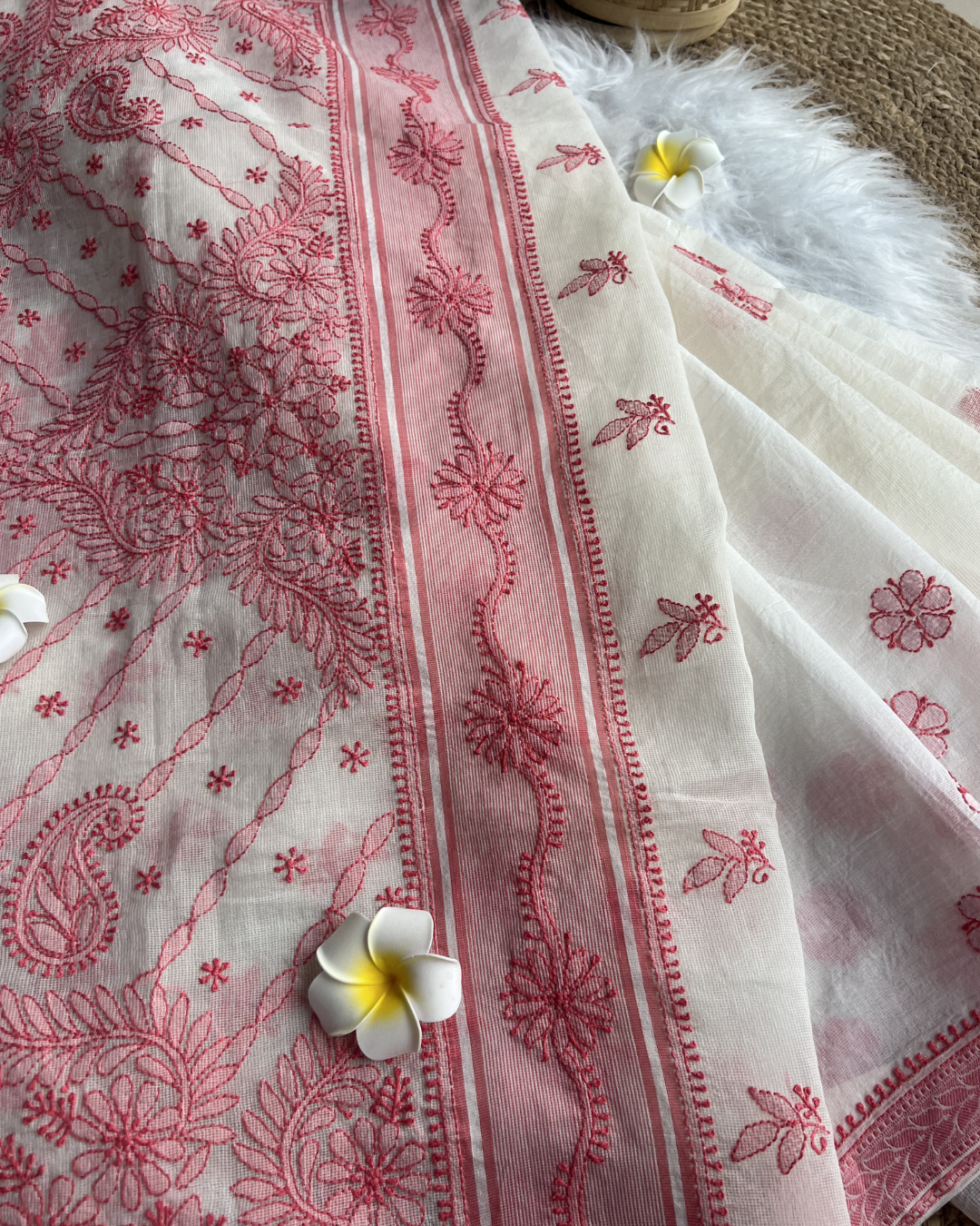 White Pink Chikankari Kota Saree | Lucknow Chikankari Gurgaon