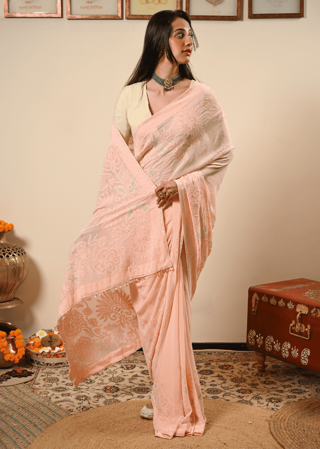 Pastel Hand Embroidered Chikankari Saree | Lucknowi Chikankari