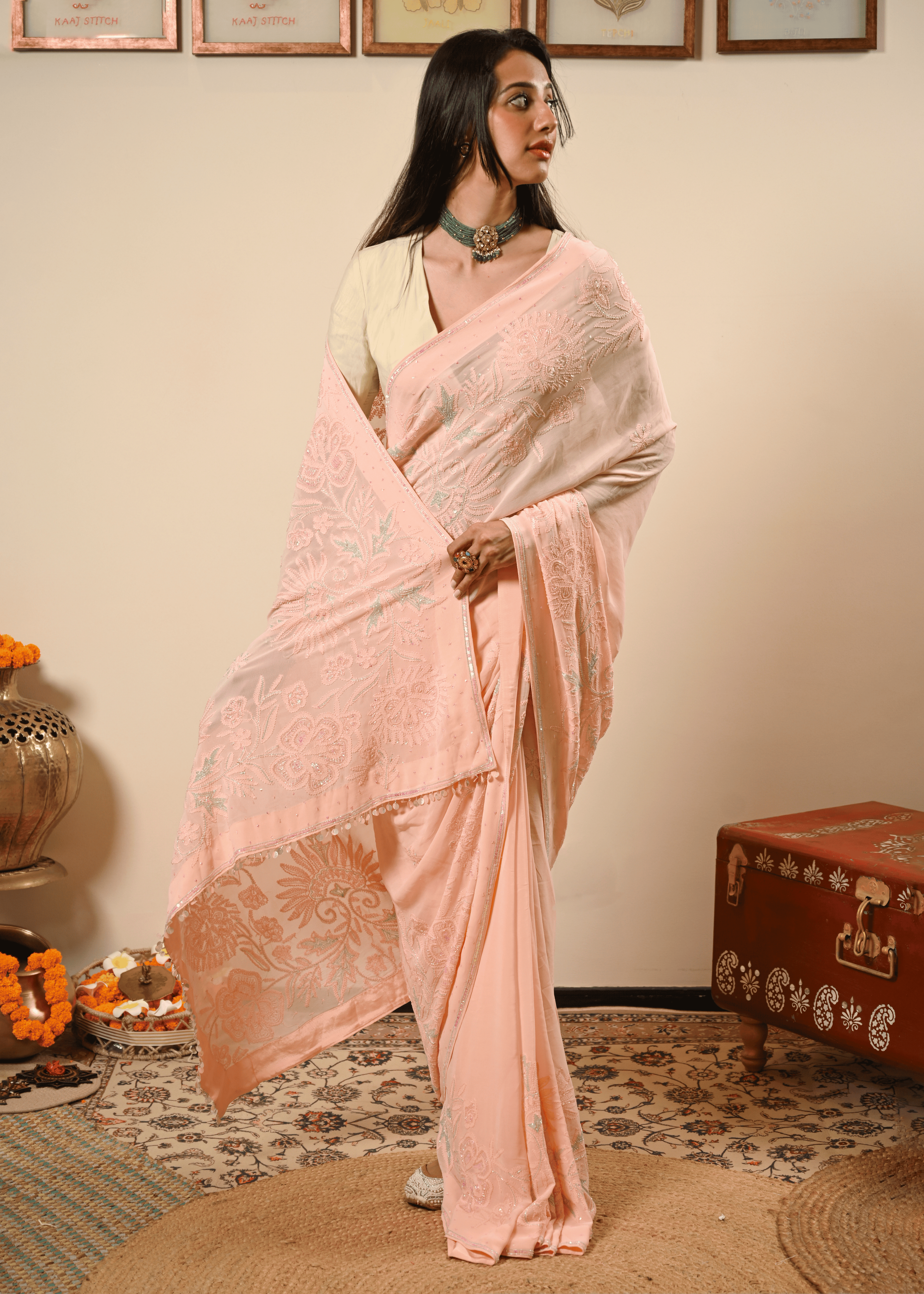 Pastel Hand Embroidered Chikankari Saree | Lucknowi Chikankari