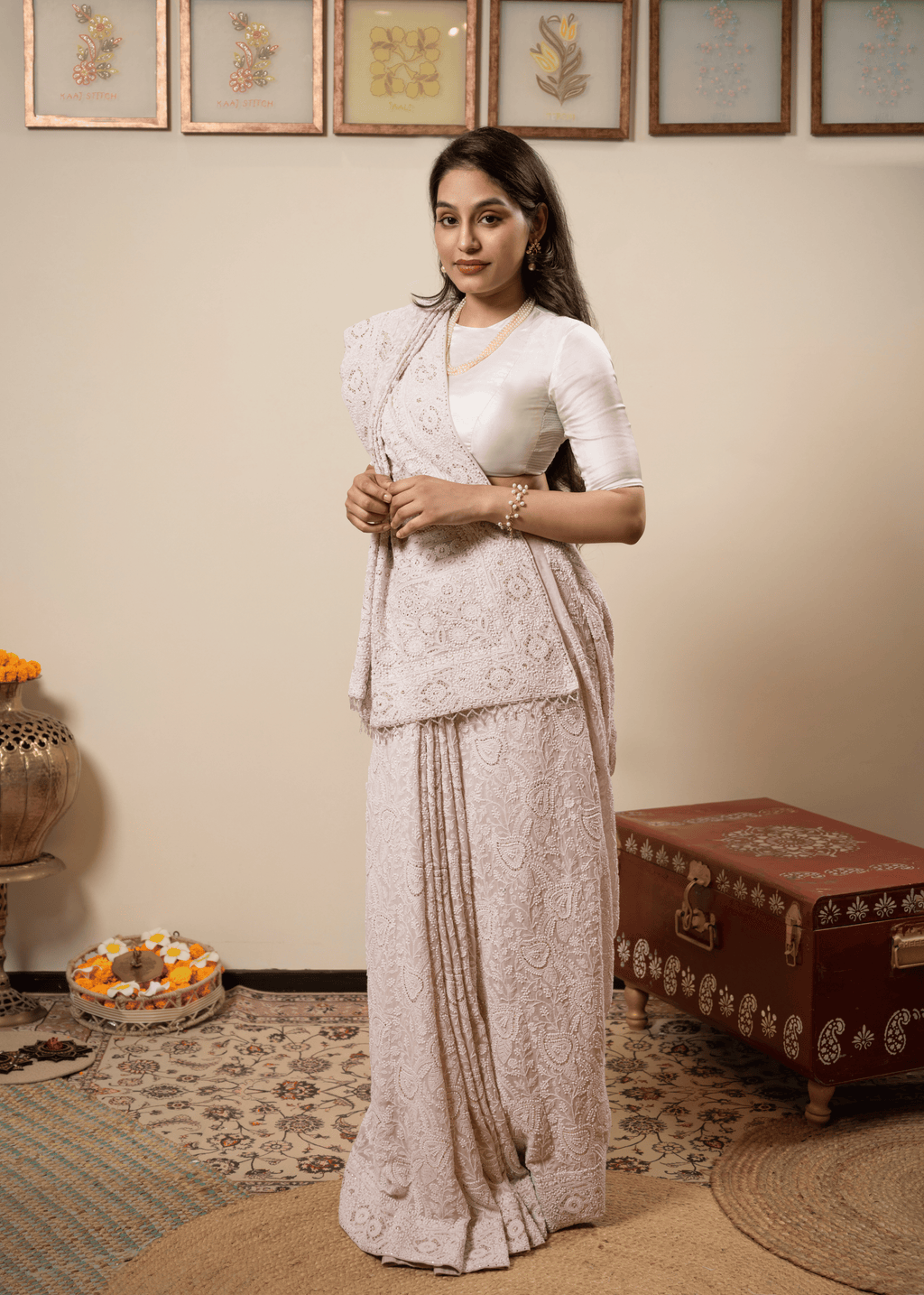 Blush Pink Hand Embroidered Chikankari Saree | Lucknowi Chikankari Saree