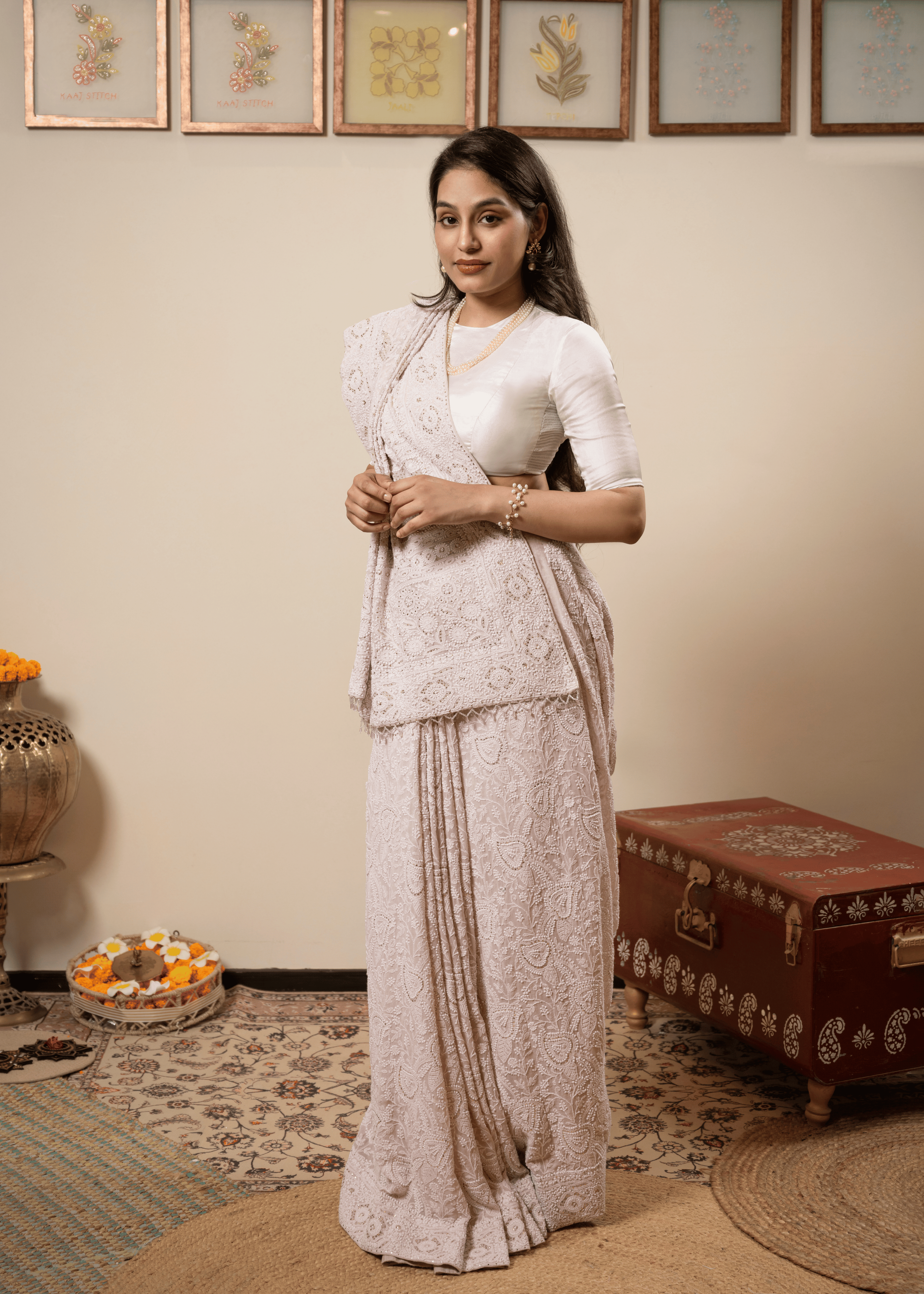 Blush Pink Hand Embroidered Chikankari Saree | Lucknowi Chikankari Saree