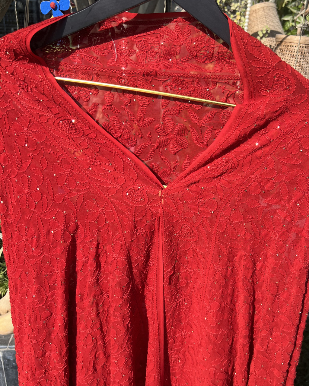 Red Hand Embroidered Chikankari Dupatta