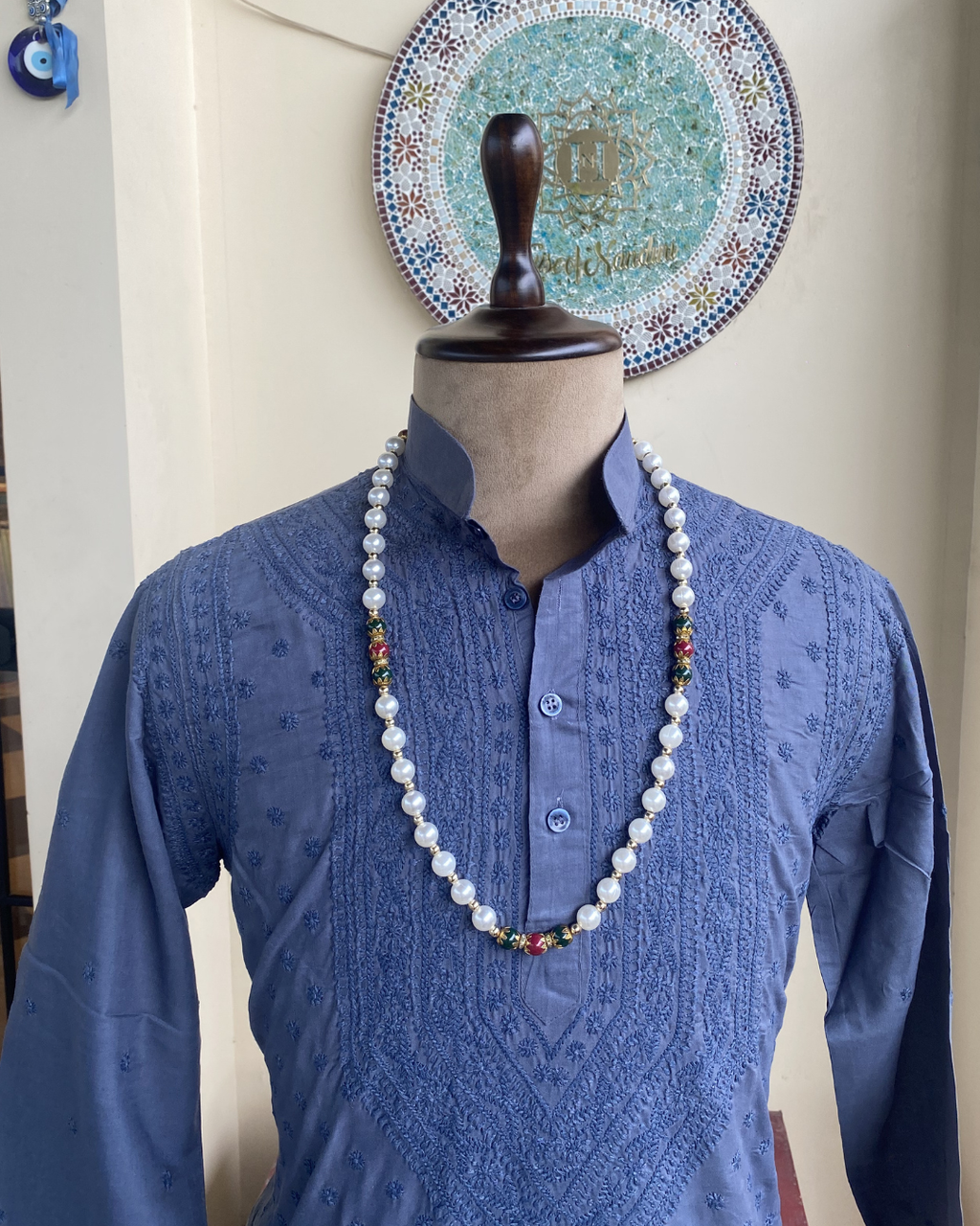 Men’s Dark Blue Chikankari Kurta Size 42 – Same Colour Thread Hand Embroidered Kurta | House of Nandini