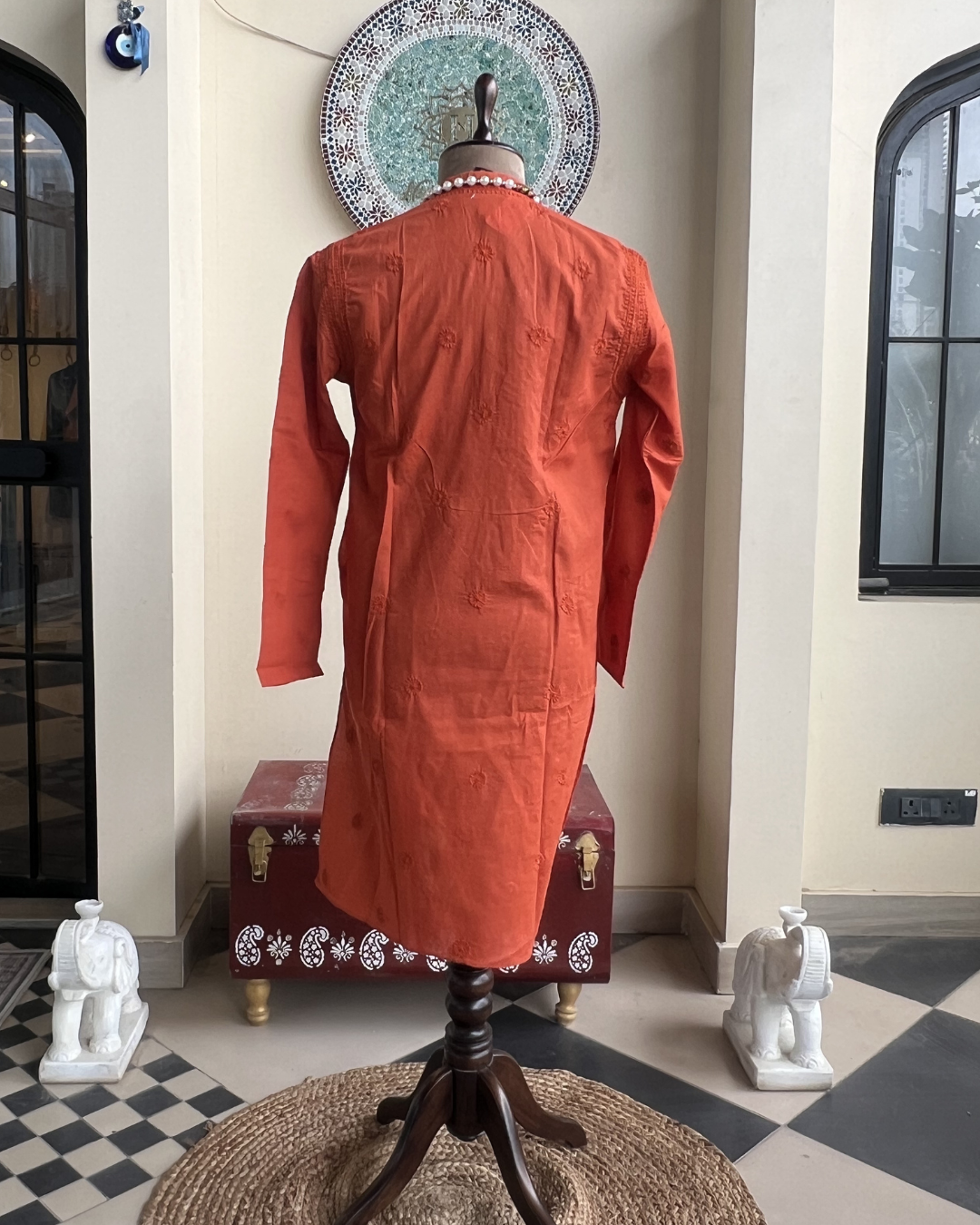 Men’s Orange Chikankari Kurta Size 40 – Tone-on-Tone Hand Embroidered Kurta | House of Nandini