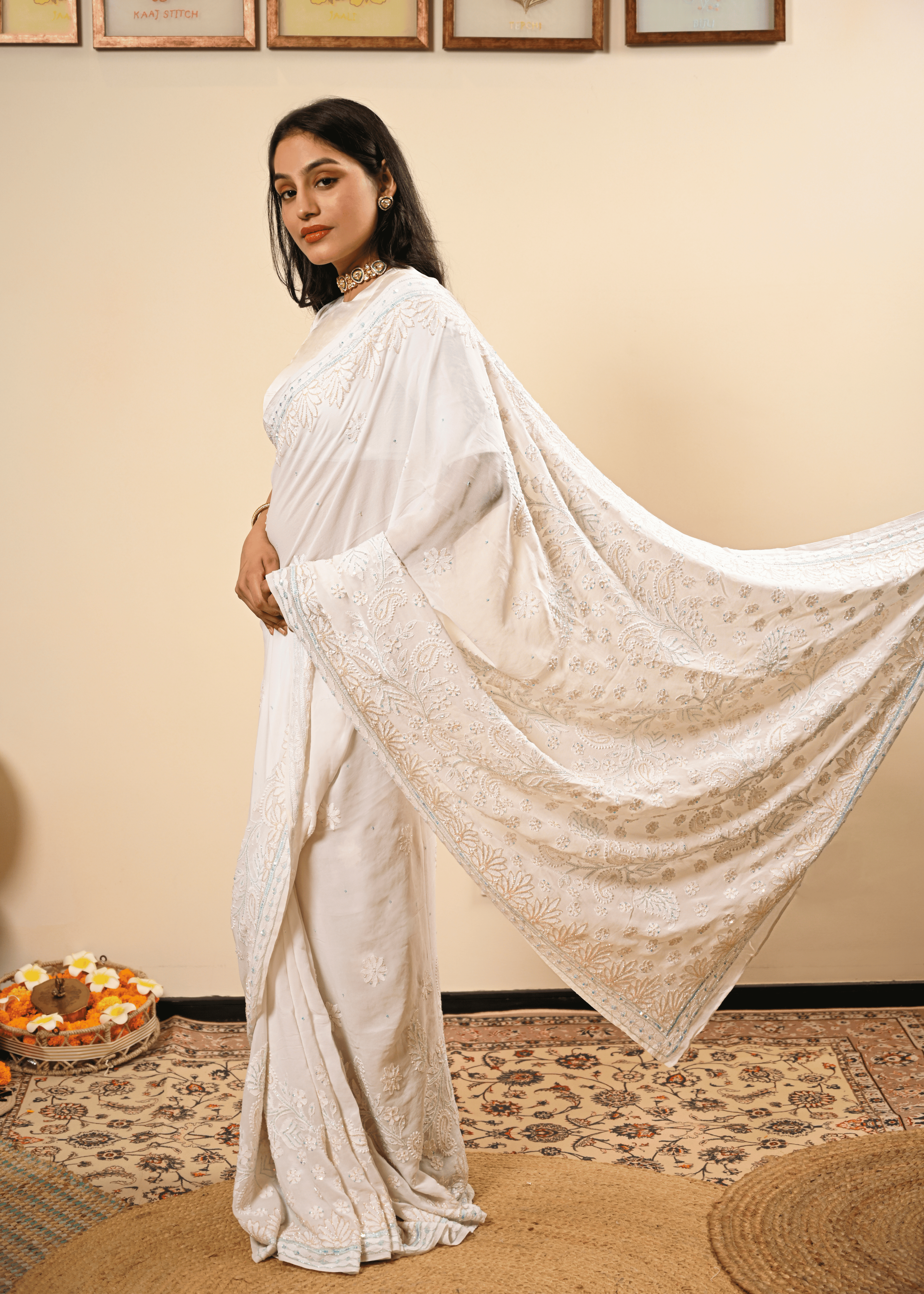 White Georgette Chikankari Saree